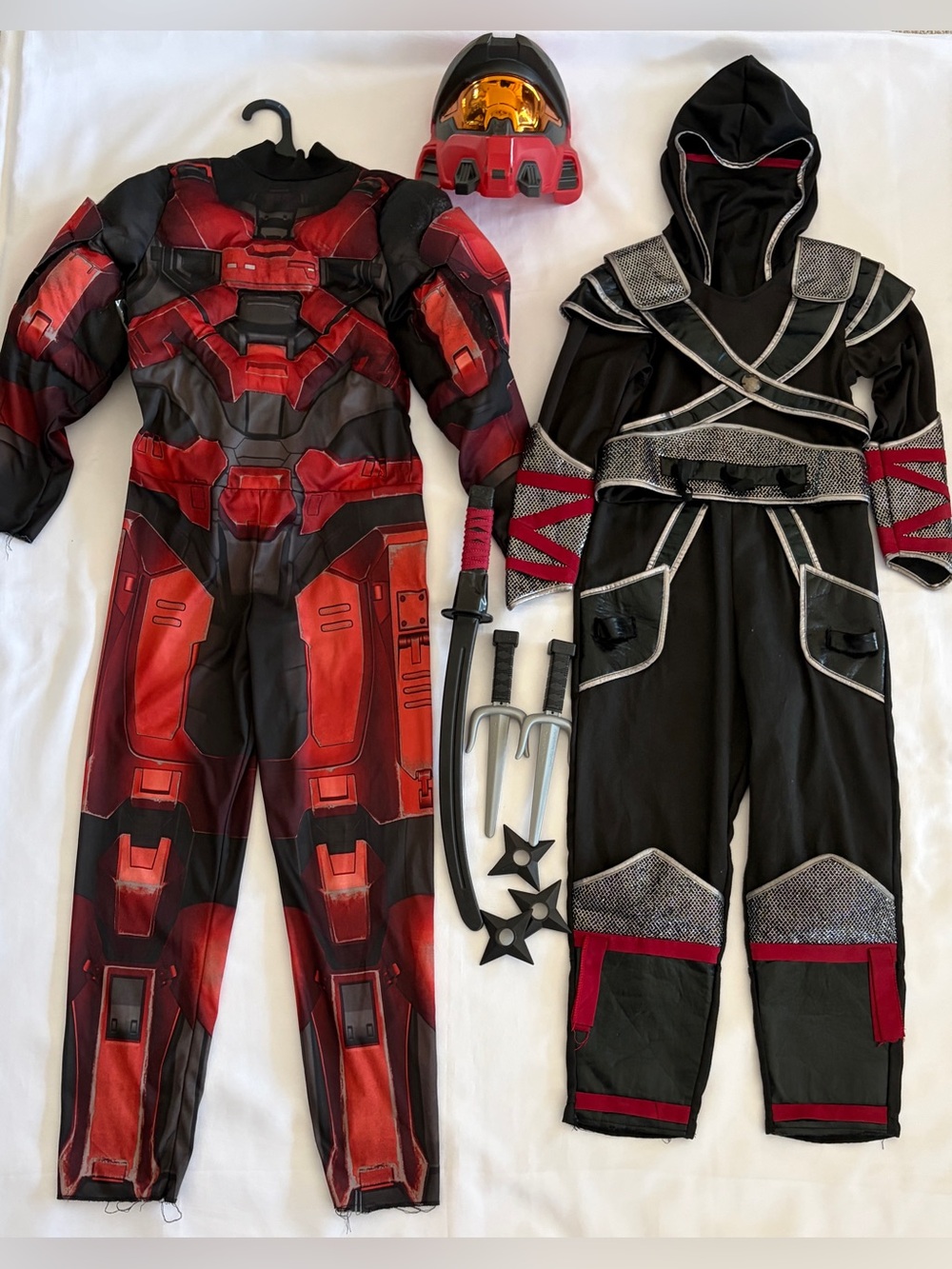 $80 Lot of 2 Kids Costume Sets Child Size 7-8 and Large 10-12 Ninja Jumpsuit